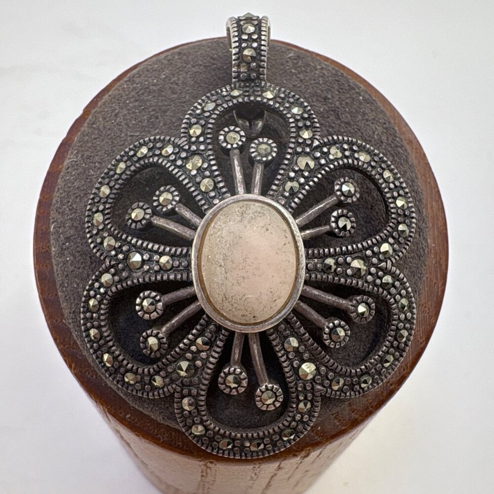 Sterling Silver 925 Marcasite Pink Mother of Pearl Flower Pendant 1.75" Length